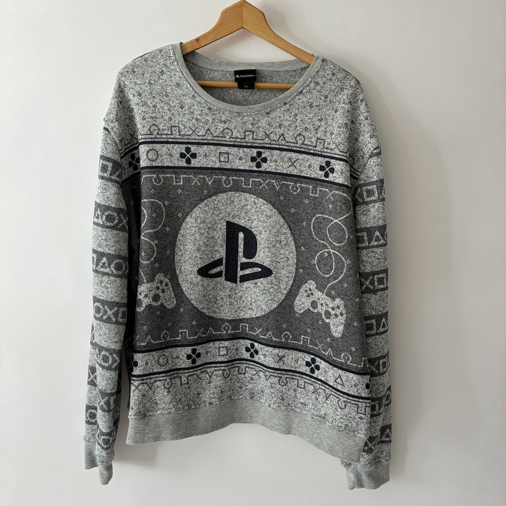Sony PlayStation Sweatshirt Men's Size 2XL Gray All-Over Print Logo Style 2091